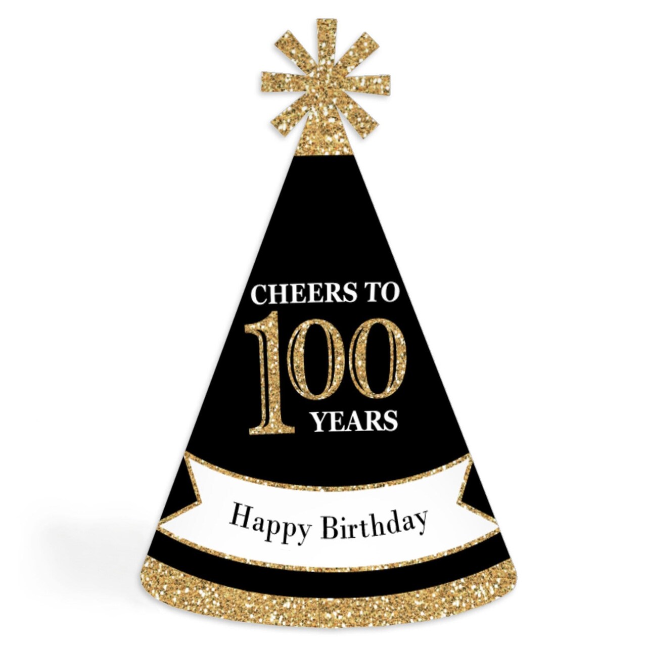 Big Dot of Happiness Adult 100th Birthday - Gold - Cone Birthday Party Hats for Adults - Set of 8 (Standard Size)